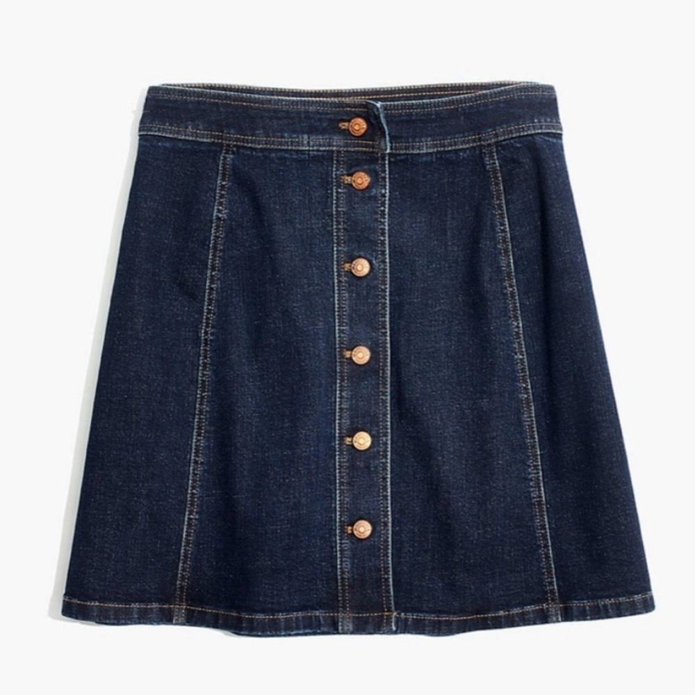 Madewell Stretch Denim A-Line Mini Skirt Button Front Dark Wash Retro Size 0 - Picture 2 of 11